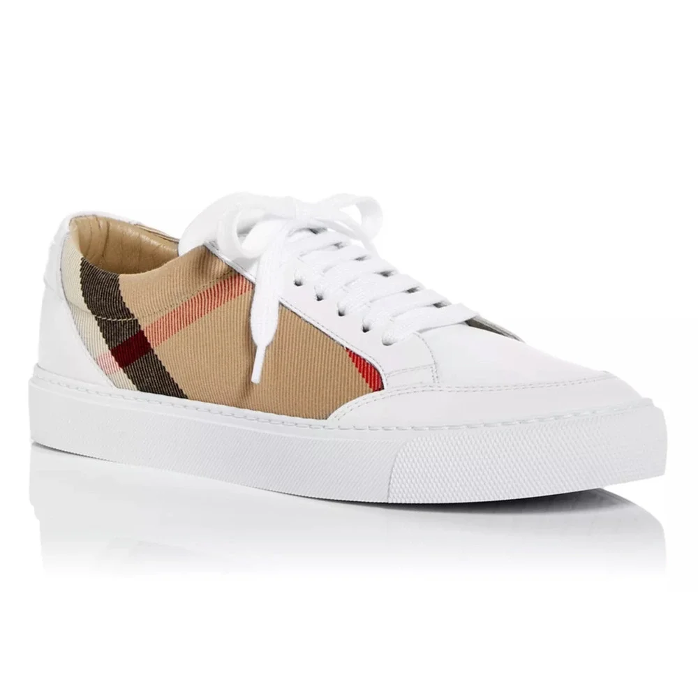 Burberry Salmond Vintage Check White Leather Logo Lace Up Low Top Sneaker 41
